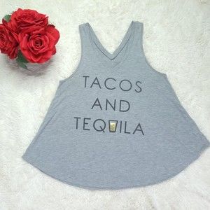 Zoe + Liv Tacos & Tequila Gray V-neck Tank Size S